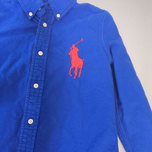 Polo Ralph Lauren Button-Down Blue Large Logo Dress Shirt Boy Youth 5 big pony - Picture 2 of 6